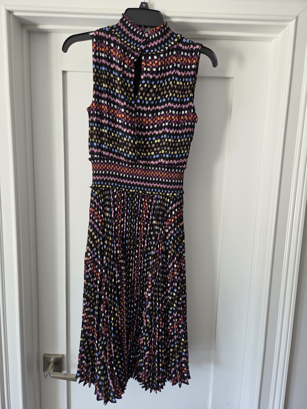 Sleeveless Black Midi Dress with Multicolor Dot Print